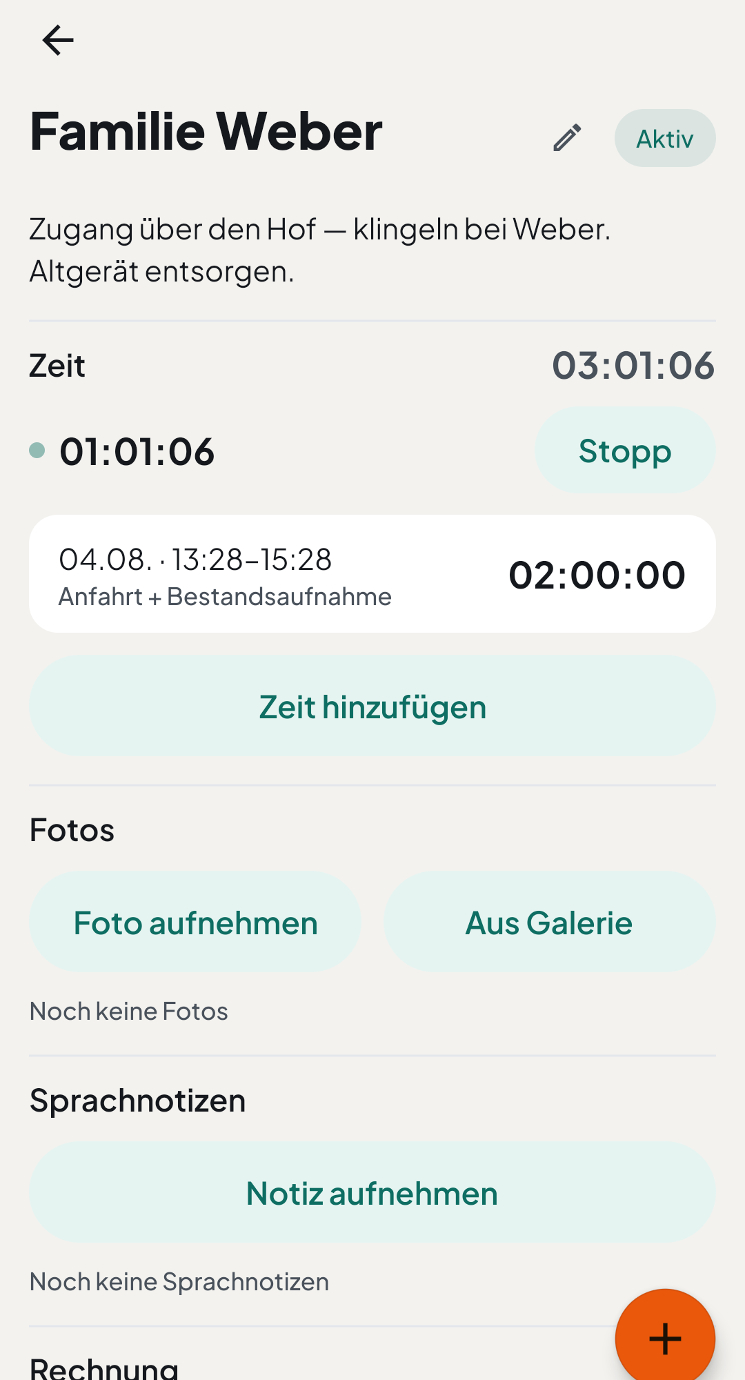 Laufender Timer mit Fotos und Sprachnotizen am Auftrag