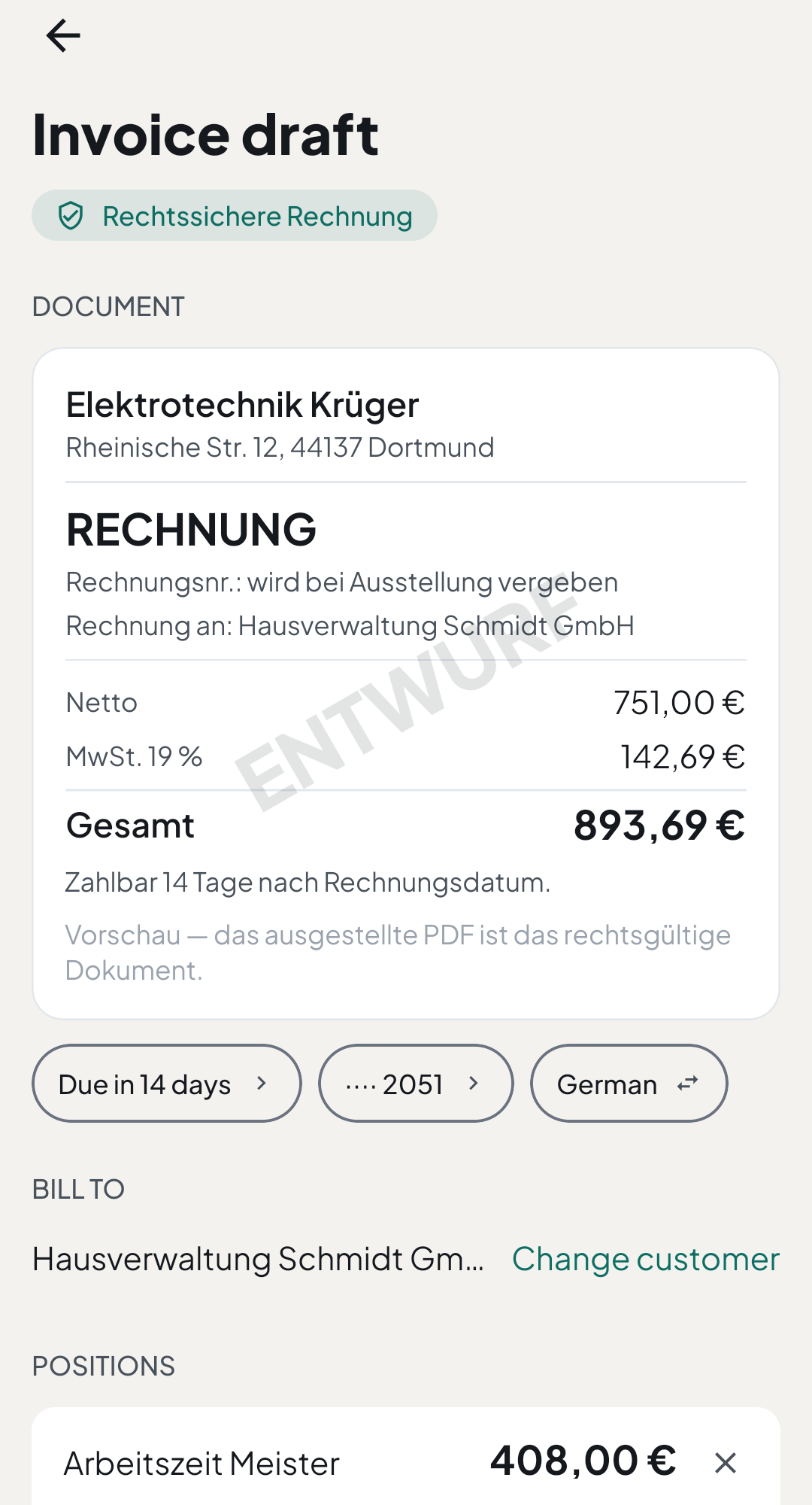 A compliant e-invoice in the vuco app